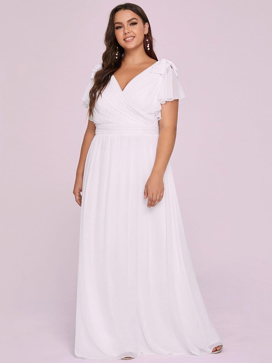 Elegant Plus Size Ruched V-Neck Formal Evening Dresses with Ruffles Sleeves