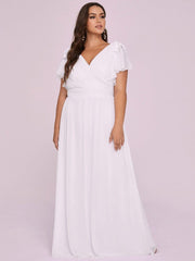 Elegant Plus Size Ruched V-Neck Formal Evening Dresses with Ruffles Sleeves