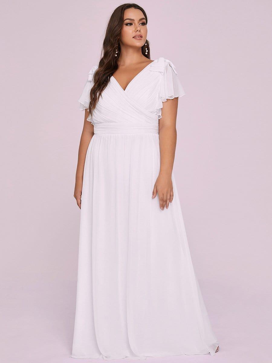 Elegant Plus Size Ruched V-Neck Formal Evening Dresses with Ruffles Sleeves