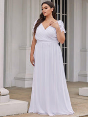 Elegant Plus Size Ruched V-Neck Formal Evening Dresses with Ruffles Sleeves