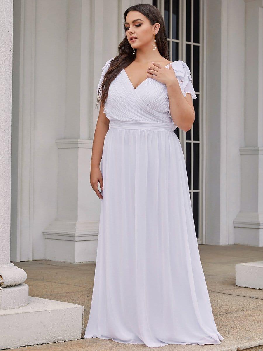 Elegant Plus Size Ruched V-Neck Formal Evening Dresses with Ruffles Sleeves