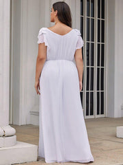 Elegant Plus Size Ruched V-Neck Formal Evening Dresses with Ruffles Sleeves