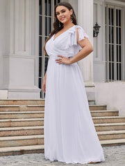 Elegant Plus Size Ruched V-Neck Formal Evening Dresses with Ruffles Sleeves