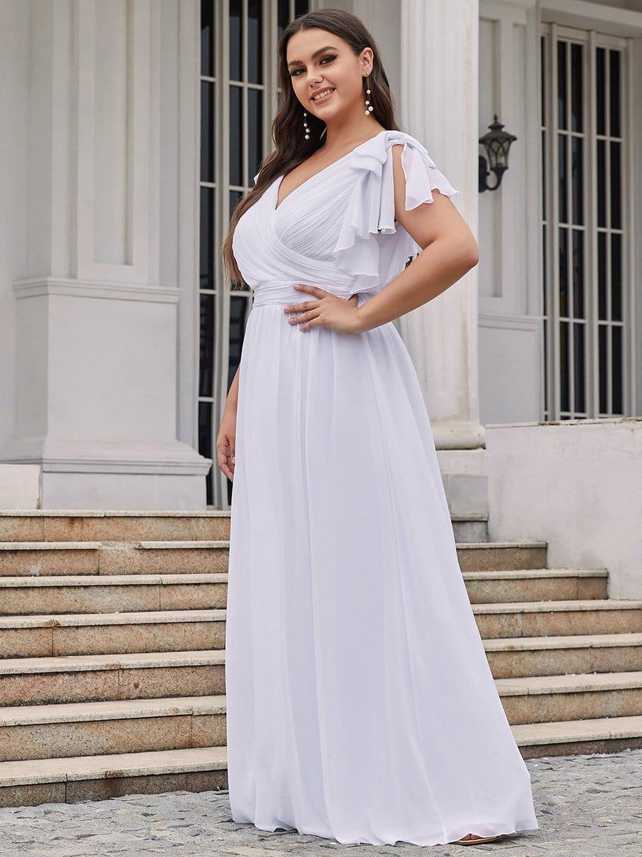 Elegant Plus Size Ruched V-Neck Formal Evening Dresses with Ruffles Sleeves