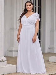 Elegant Plus Size Ruched V-Neck Formal Evening Dresses with Ruffles Sleeves