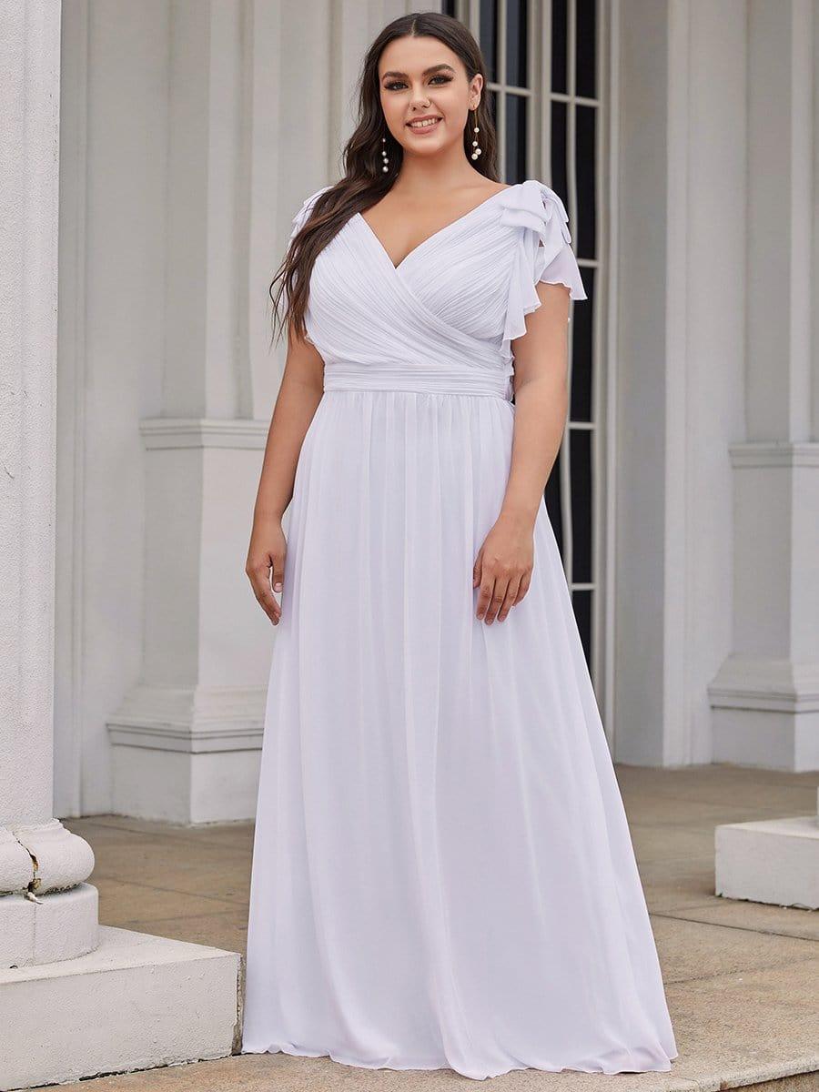 Elegant Plus Size Ruched V-Neck Formal Evening Dresses with Ruffles Sleeves