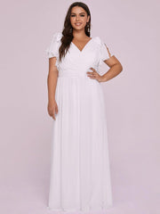 Elegant Plus Size Ruched V-Neck Formal Evening Dresses with Ruffles Sleeves