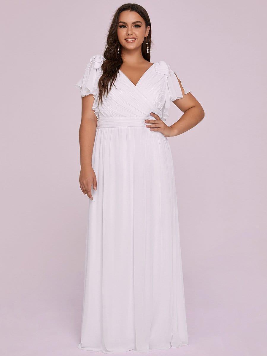 Elegant Plus Size Ruched V-Neck Formal Evening Dresses with Ruffles Sleeves