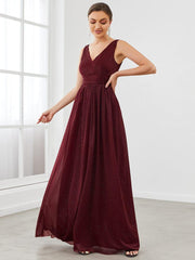 Bold V-Neck Floor-Length A-Line Tulle Evening Dresses for Party