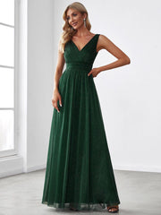 Bold V-Neck Floor-Length A-Line Tulle Evening Dresses for Party