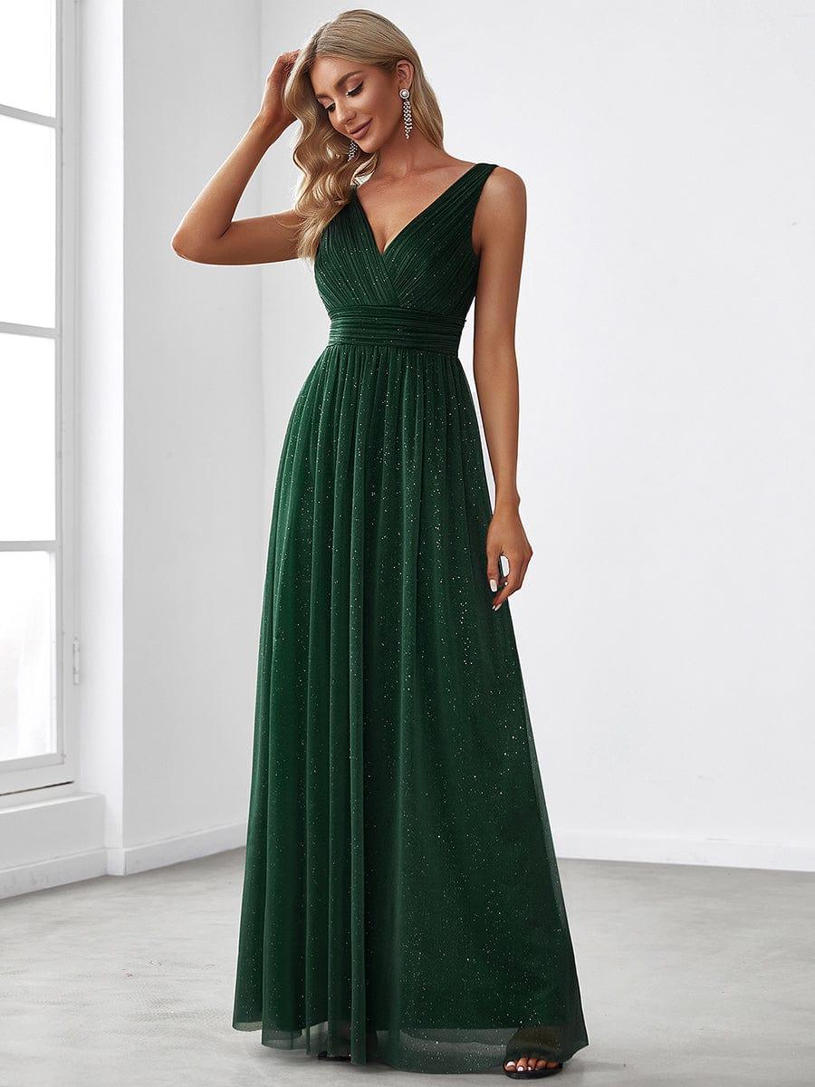 Bold V-Neck Floor-Length A-Line Tulle Evening Dresses for Party