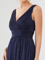 Bold V-Neck Floor-Length A-Line Tulle Evening Dresses for Party