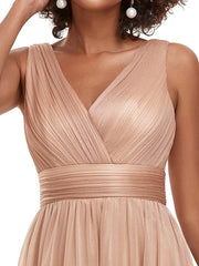 Bold V-Neck Floor-Length A-Line Tulle Evening Dresses for Party