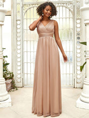 Bold V-Neck Floor-Length A-Line Tulle Evening Dresses for Party