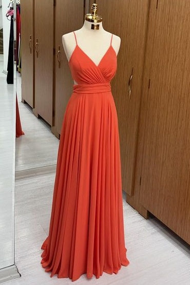 Elegant Floor-Length V-Neck Spaghetti Straps Sleeveless A-Line Chiffon Prom Dresses