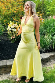 Elegant Halter V-Neck Sleeveless Mermaid Floor-Length Satin Prom Dresses