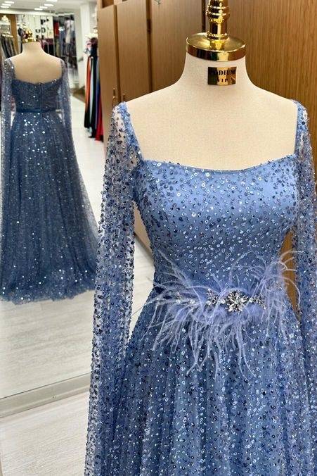 Elegant Square Neck Long Sleeves Sweep Train Sequined A-Line Prom Dresses