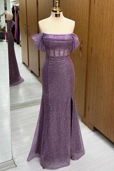 Exquisite Off-The-Shoulder Floor-Length Sequined Mermaid Split Front Prom Dresses