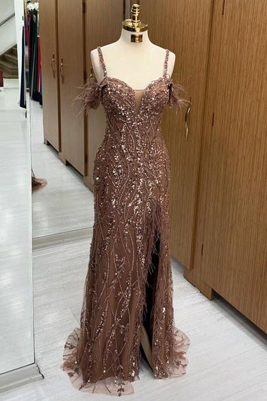 Exquisite Off-The-Shoulder Sweep Train Spaghetti Straps Sequined Mermaid Prom Dresses with Slit