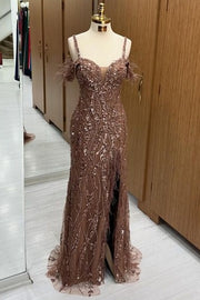 Exquisite Off-The-Shoulder Sweep Train Spaghetti Straps Sequined Mermaid Prom Dresses with Slit