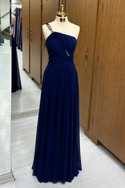 Exquisite One-Shoulder Floor-Length Spaghetti Straps A-Line Chiffon Prom Dresses