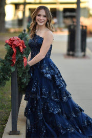 Navy Blue One-Shoulder Prom Dresses Sleeveless Tulle Sequined A-Line with Appliques