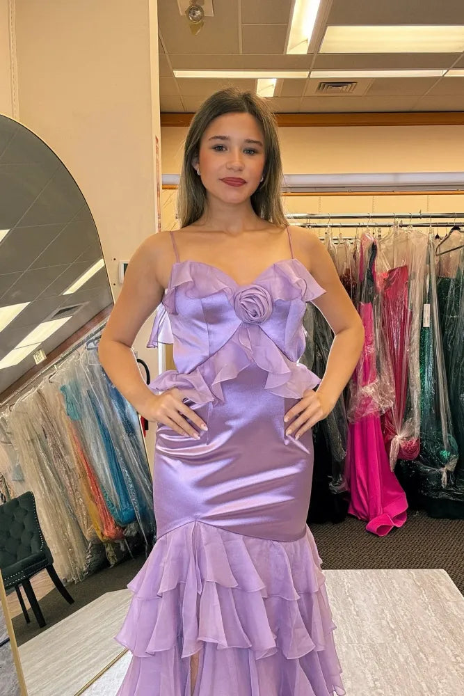 Fabulous Spaghetti Straps Mermaid Split Front Prom Dresses with Ruffles