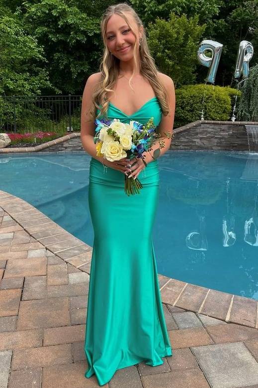 Fabulous Deep V-Neck Sleeveless Floor-Length Mermaid Satin Prom Dresses
