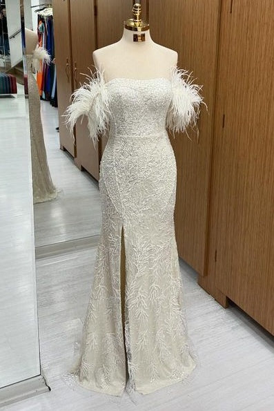 Fabulous Floor-Length Off-The-Shoulder Split Front Sequined Mermaid Prom Dresses with Beading