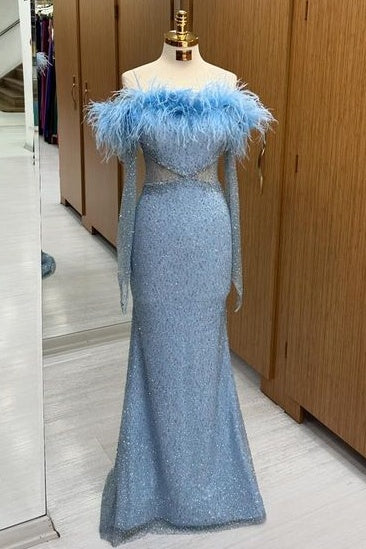 Fabulous Long Sleeves Off-The-Shoulder Sequined Mermaid Prom Dresses with Fur