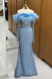 Fabulous Long Sleeves Off-The-Shoulder Sequined Mermaid Prom Dresses with Fur