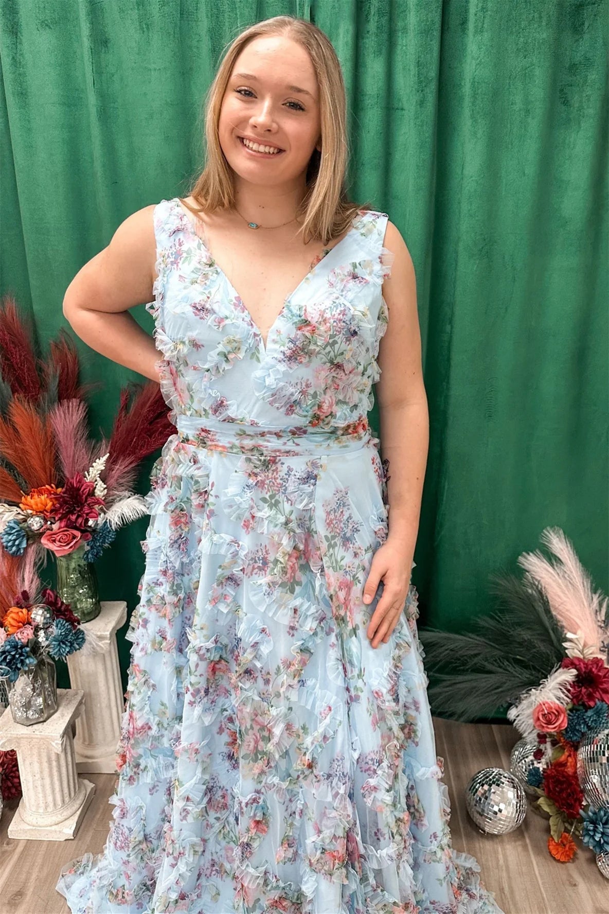 Fancy V-Neck Sleeveless A-Line Floral Party Dresses