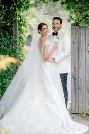 Fashionable Off-The-Shoulder Lace A-Line Long Wedding Dresses with Open Back