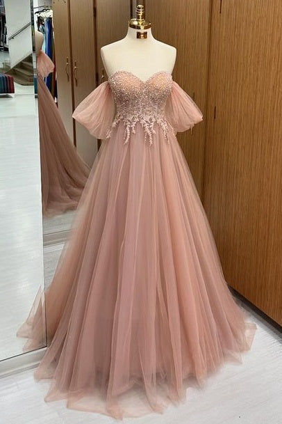 Fashionable Off-The-Shoulder Sweetheart A-Line Tulle Prom Dresses with Appliques