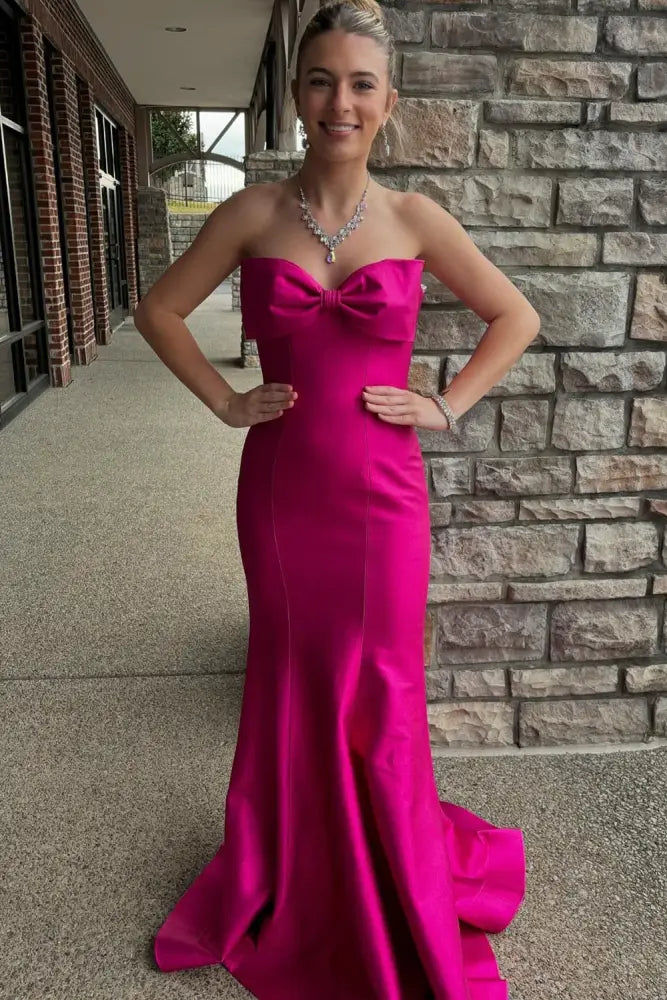 Fuchsia Strapless Long Mermaid Satin Prom Dresses with Bow