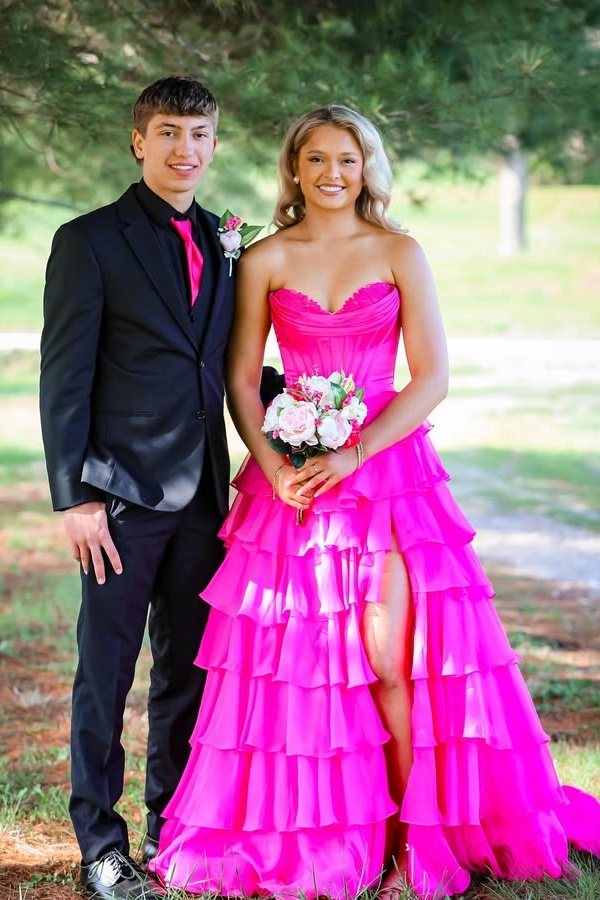 Exquisite Fuchsia Tiered Strapless A-Line Prom Dresses with Slit