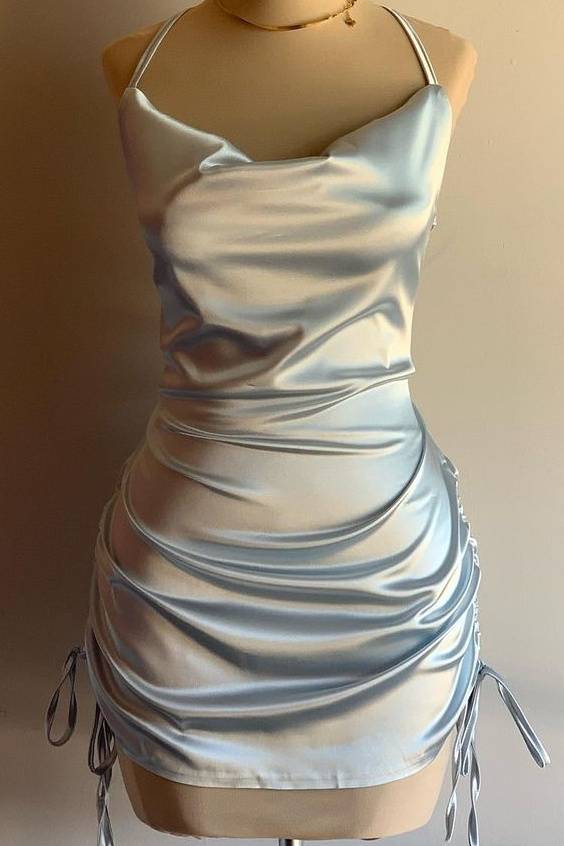 Glamorous Spaghetti Straps Cowl Neck Short Mermaid Satin Homecoming Dresses
