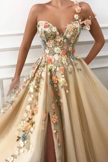 Glamorous One-Shoulder V-Neck A-Line Tulle Prom Dresses with Slit