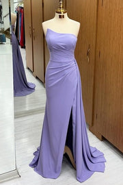 Glamorous Sweep Train Mermaid Strapless Satin Prom Dresses with Slit