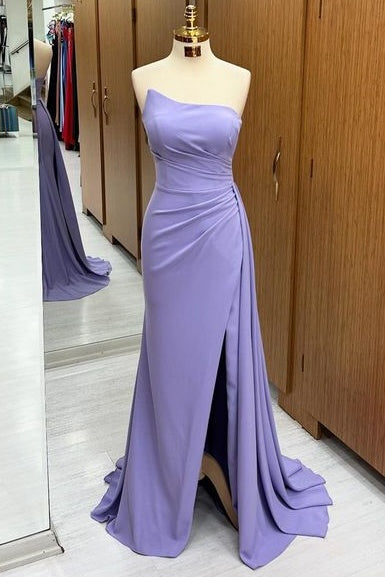 Glamorous Sweep Train Mermaid Strapless Satin Prom Dresses with Slit