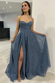 Glittery A-Line Long Formal Prom Dresses with Slit