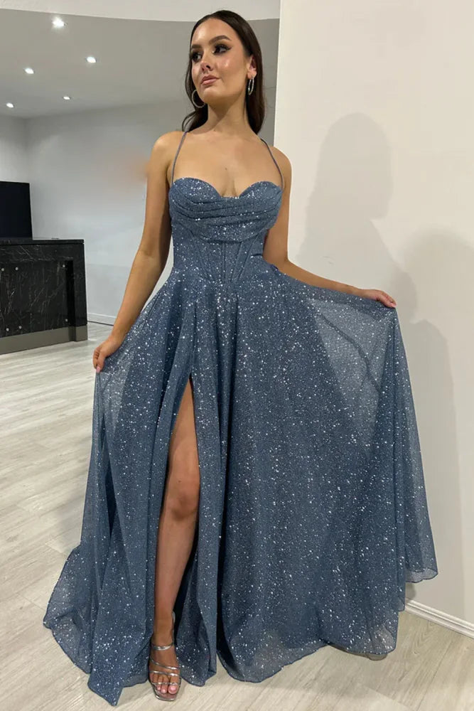 Glittery A-Line Long Formal Prom Dresses with Slit