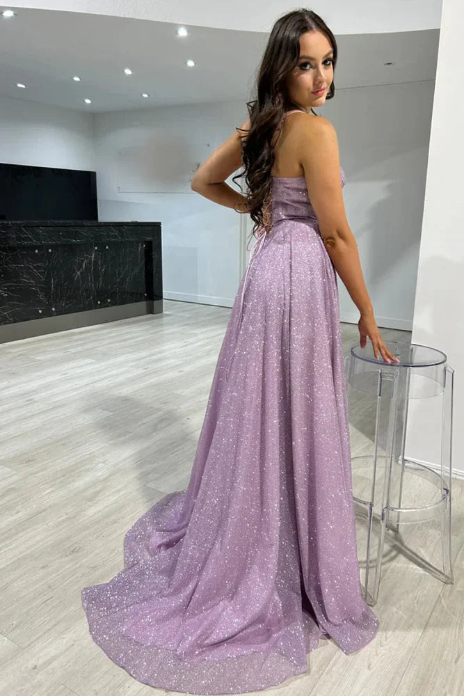 Glittery A-Line Long Formal Prom Dresses with Slit