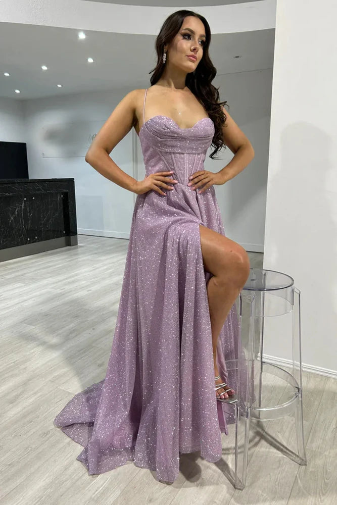 Glittery A-Line Long Formal Prom Dresses with Slit