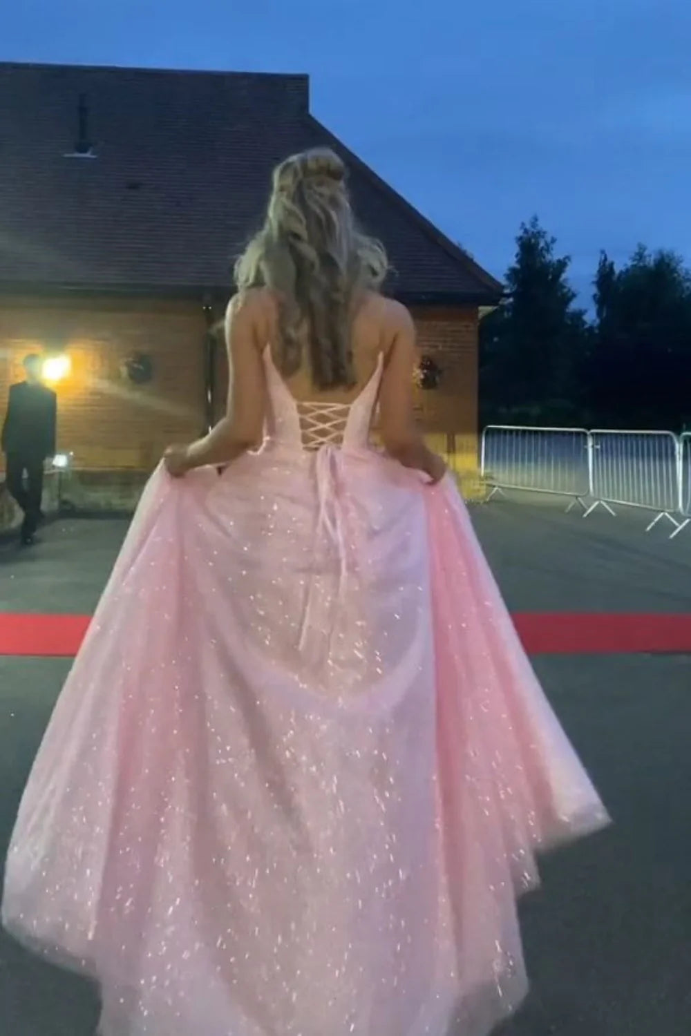 Glittery Pink A-Line Tulle Sleeveless Prom Evening Dresses