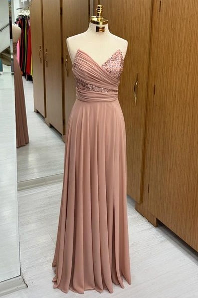 Gorgeous V-Neck Strapless Floor-Length A-Line Chiffon Prom Dresses with Ruffles