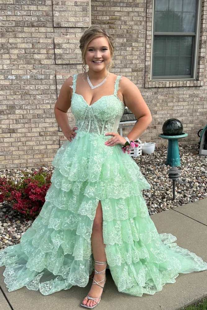 Exquisite Green Tiered Sleeveless A-Line Party Prom Dresses with Slit