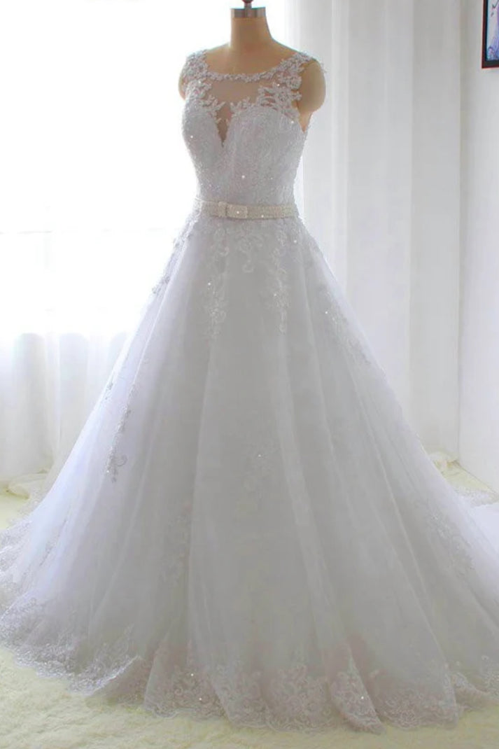 White Jewel Neck A-Line Sleeveless Tulle Lace Wedding Dresses