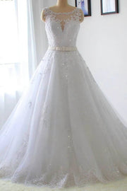 White Jewel Neck A-Line Sleeveless Tulle Lace Wedding Dresses