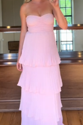 Pink Strapless Sweetheart A-Line Tiered Prom Dresses